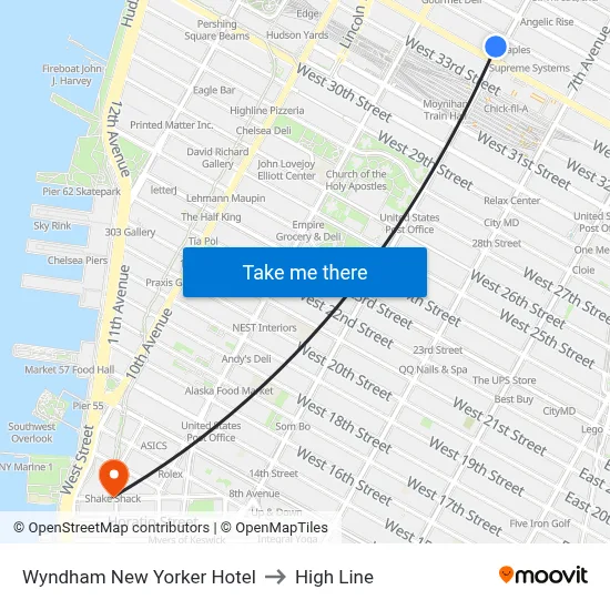 Wyndham New Yorker Hotel to High Line map