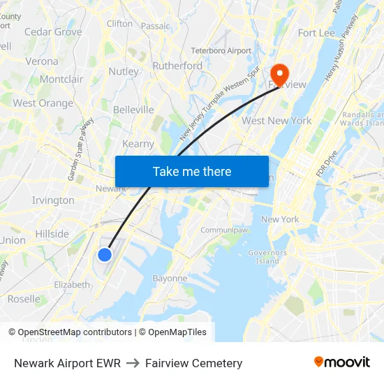 Newark Airport EWR to Fairview Cemetery map