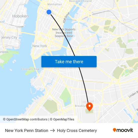 New York Penn Station to Holy Cross Cemetery map