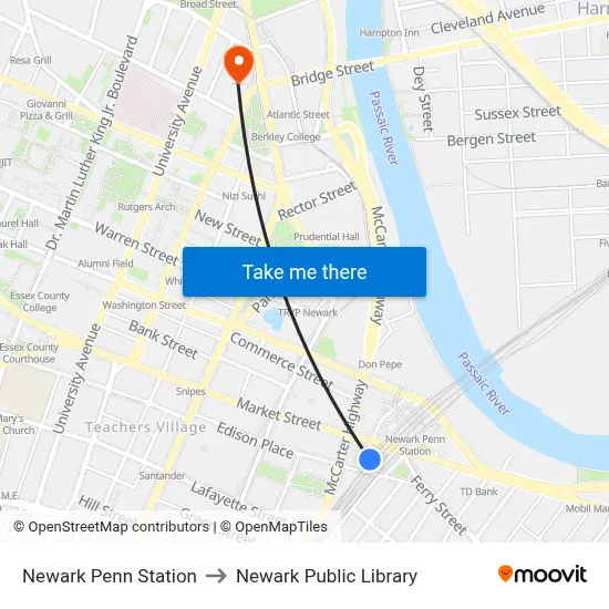 Newark Penn Station to Newark Public Library map