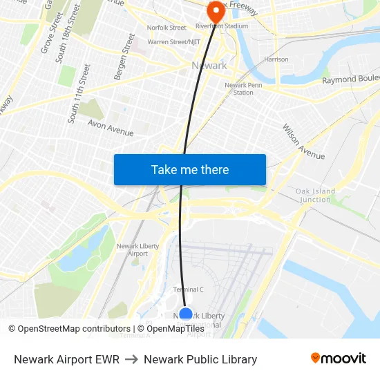 Newark Airport EWR to Newark Public Library map