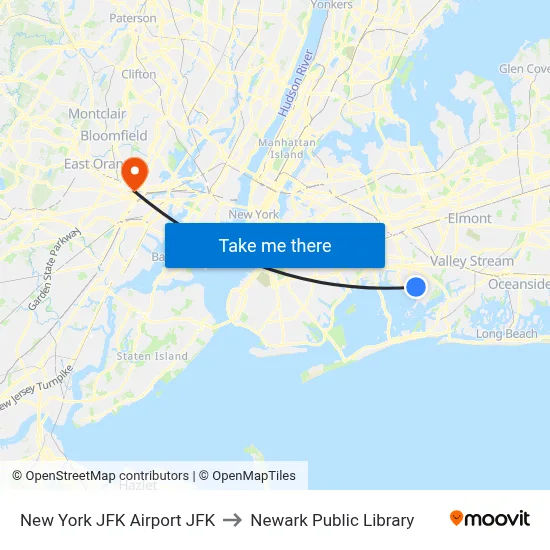 New York JFK Airport JFK to Newark Public Library map