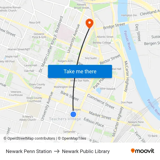 Newark Penn Station to Newark Public Library map