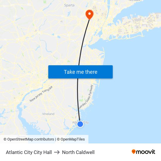 Atlantic City City Hall to North Caldwell map