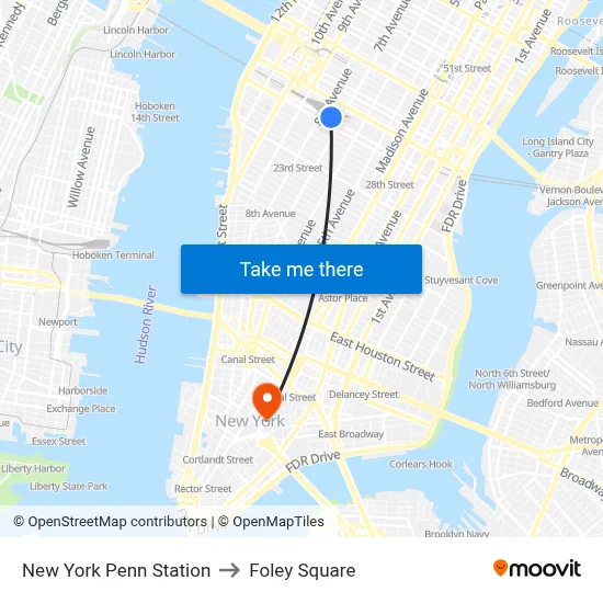 New York Penn Station to Foley Square map