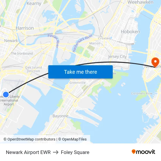 Newark Airport EWR to Foley Square map