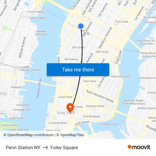 Penn Station NY to Foley Square map