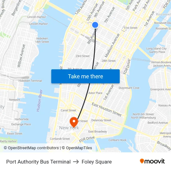 Port Authority Bus Terminal to Foley Square map