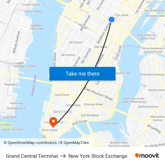 Grand Central Terminal to New York Stock Exchange map