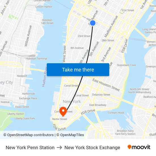 New York Penn Station to New York Stock Exchange map
