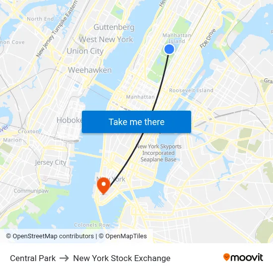 Central Park to New York Stock Exchange map