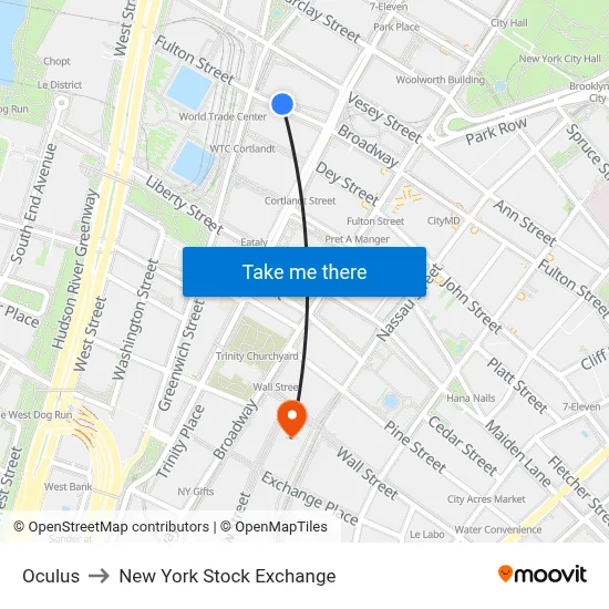 Oculus to New York Stock Exchange map