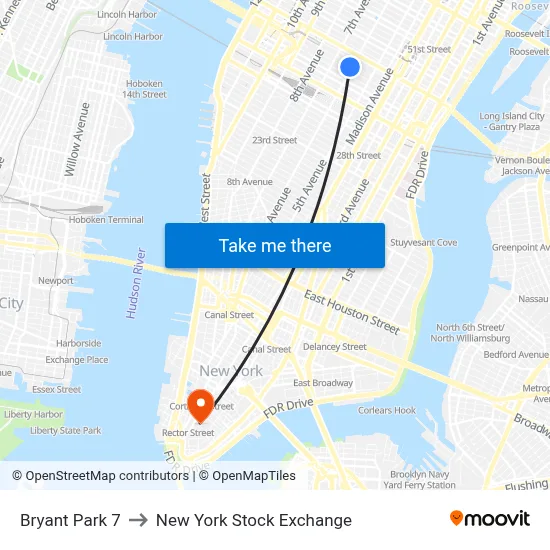 Bryant Park 7 to New York Stock Exchange map