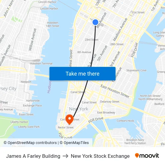 James A Farley Building to New York Stock Exchange map