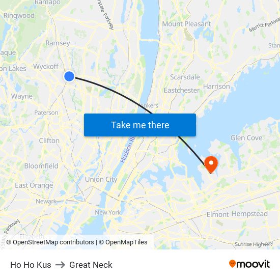 Ho Ho Kus to Great Neck map