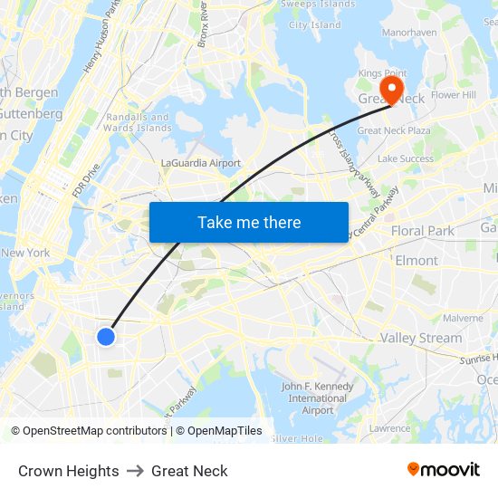 Crown Heights to Great Neck map