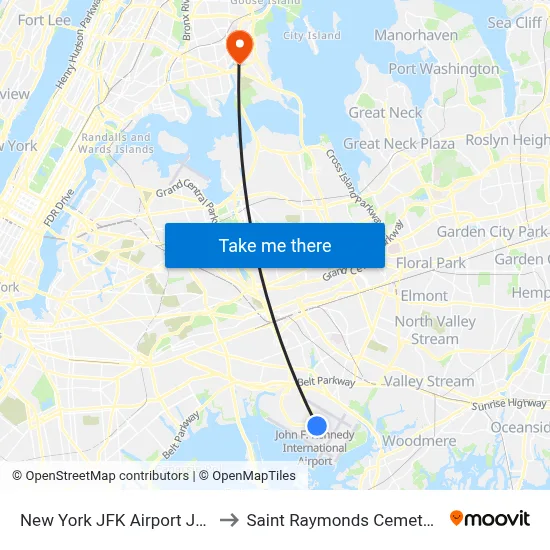 New York JFK Airport JFK to Saint Raymonds Cemetery map
