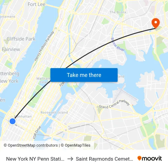New York NY Penn Station to Saint Raymonds Cemetery map