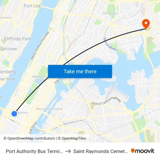 Port Authority Bus Terminal to Saint Raymonds Cemetery map