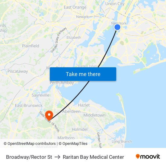 Broadway/Rector St to Raritan Bay Medical Center map