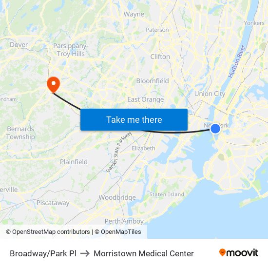 Broadway/Park Pl to Morristown Medical Center map
