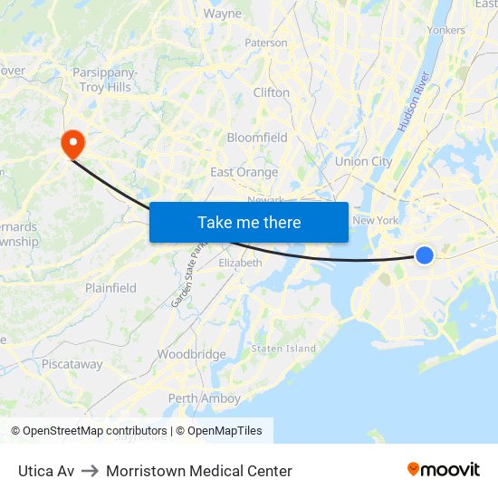 Utica Av to Morristown Medical Center map
