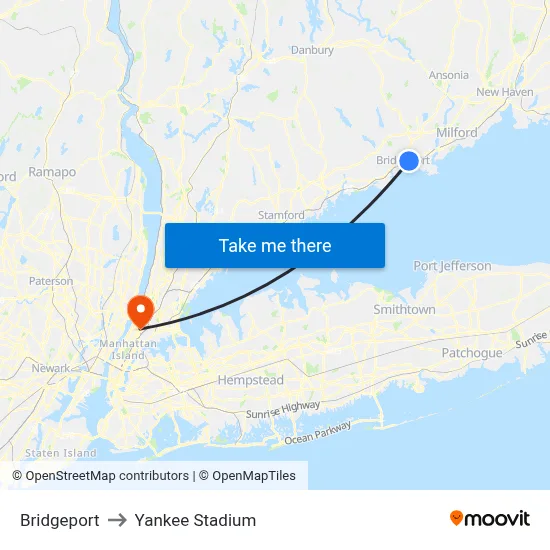 Bridgeport to Yankee Stadium map