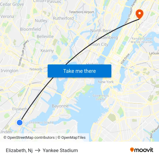 Elizabeth to Yankee Stadium map