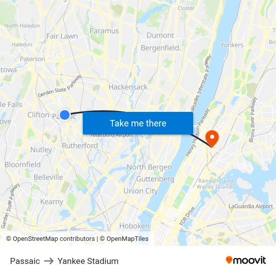 Passaic to Yankee Stadium map