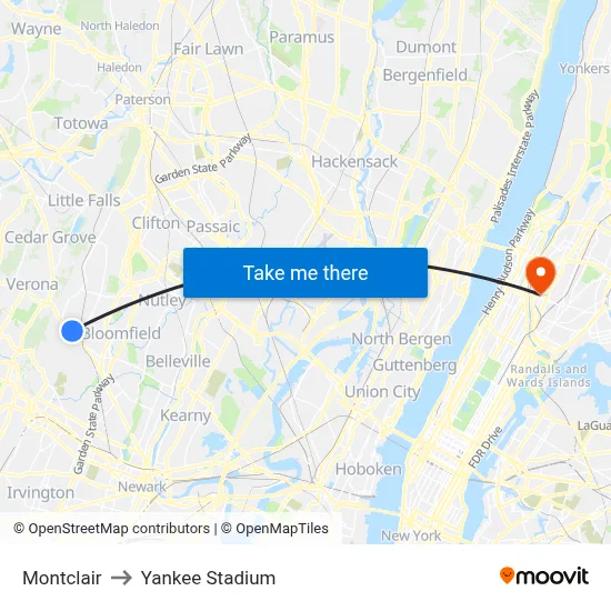 Montclair to Yankee Stadium map