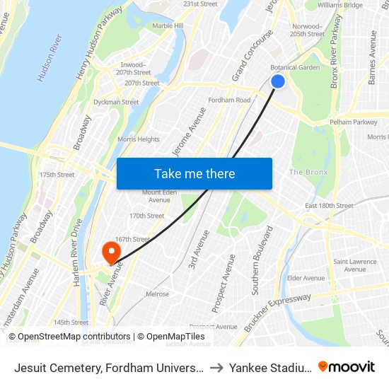 Jesuit Cemetery, Fordham University to Yankee Stadium map