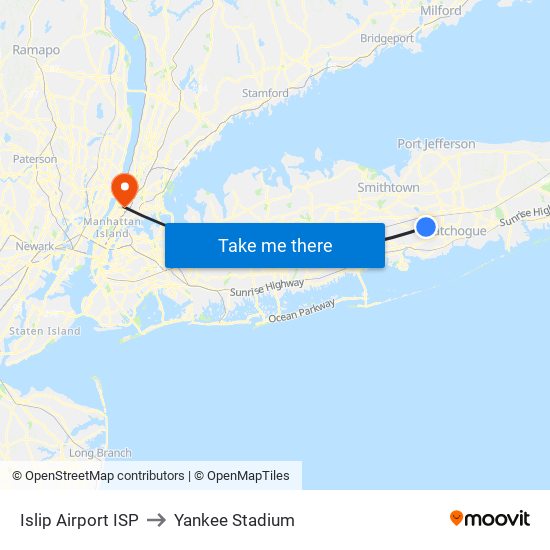 Islip Airport ISP to Yankee Stadium map