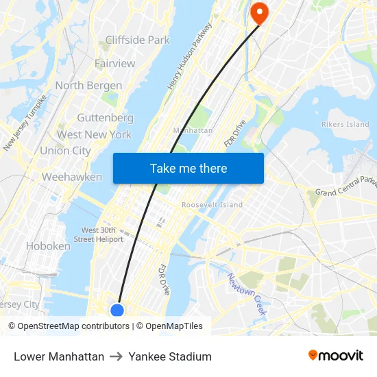 Lower Manhattan to Yankee Stadium map