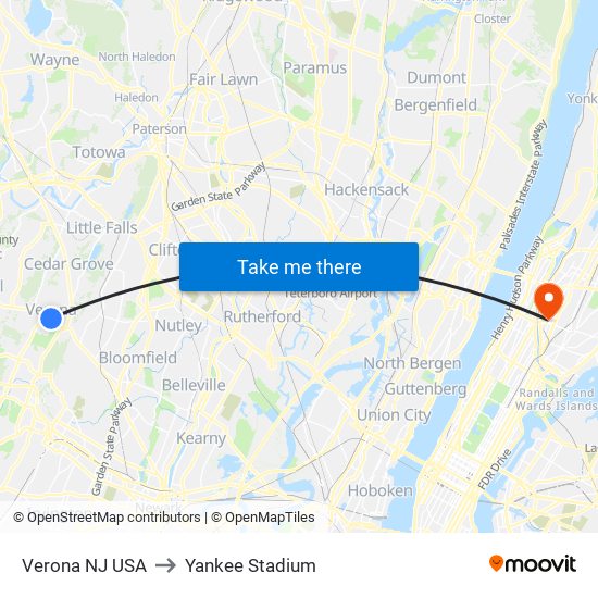 Verona NJ USA to Yankee Stadium map