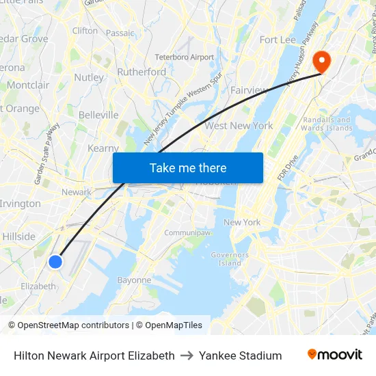 Hilton Newark Airport Elizabeth to Yankee Stadium map
