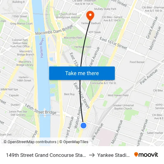 149th Street Grand Concourse Station to Yankee Stadium map