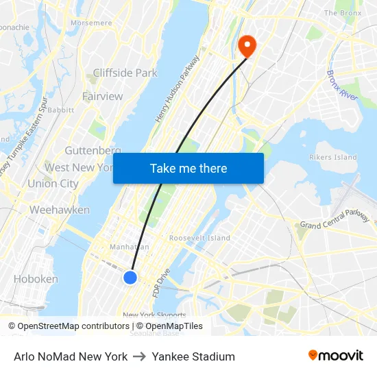 Arlo NoMad New York to Yankee Stadium map