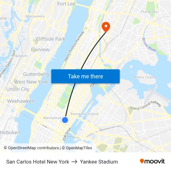 San Carlos Hotel New York to Yankee Stadium map