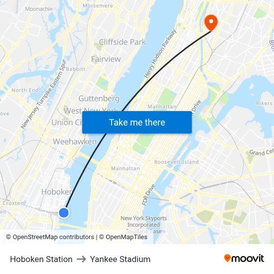 Hoboken Station to Yankee Stadium map
