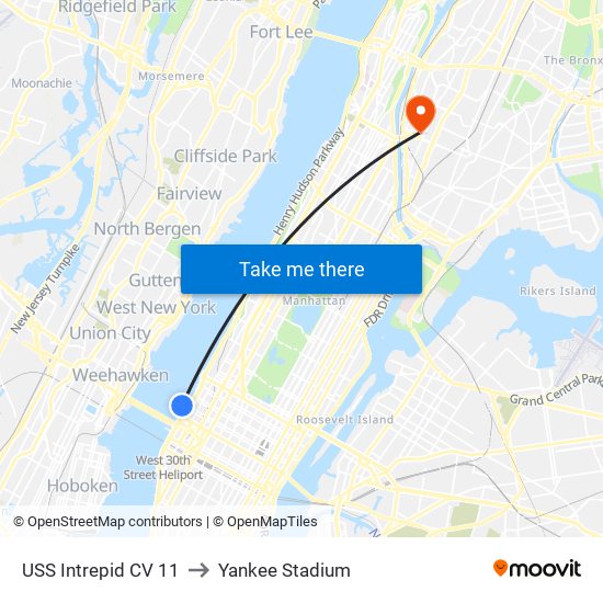 USS Intrepid CV 11 to Yankee Stadium map
