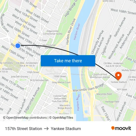 157th Street Station to Yankee Stadium map