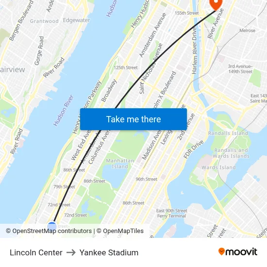 Lincoln Center to Yankee Stadium map