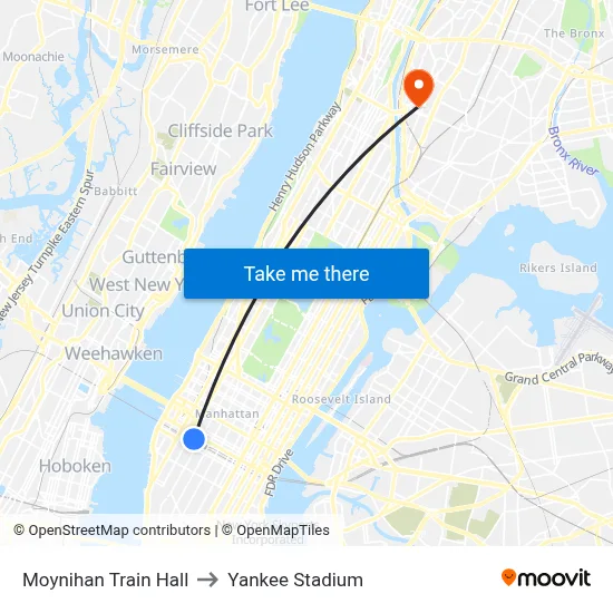 Moynihan Train Hall to Yankee Stadium map
