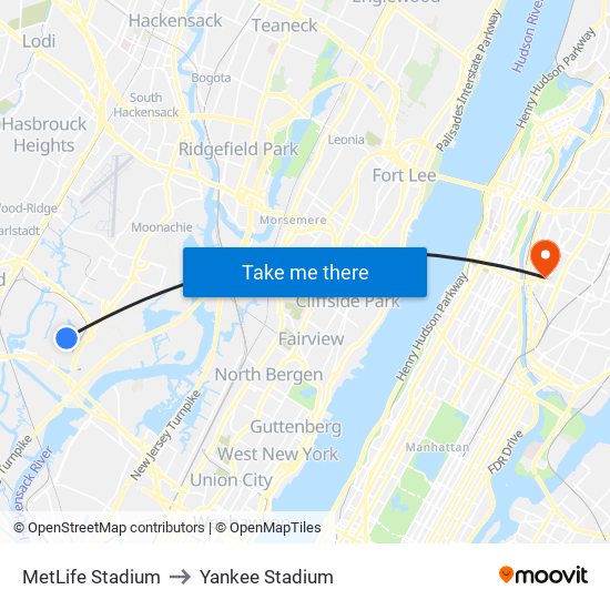 MetLife Stadium to Yankee Stadium map