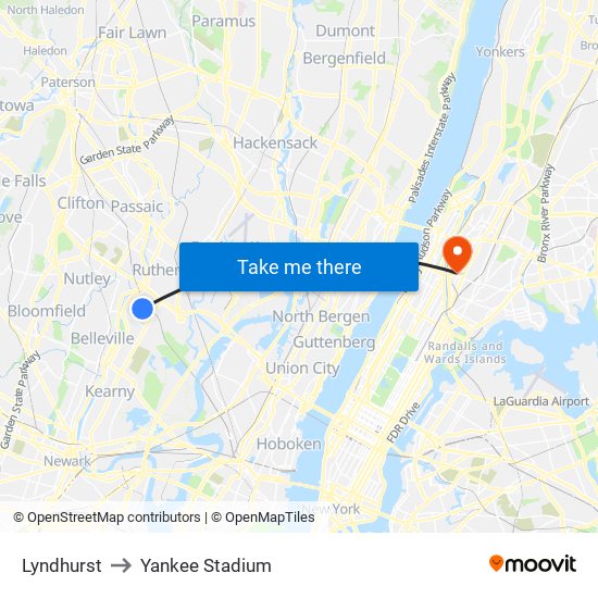 Lyndhurst to Yankee Stadium map