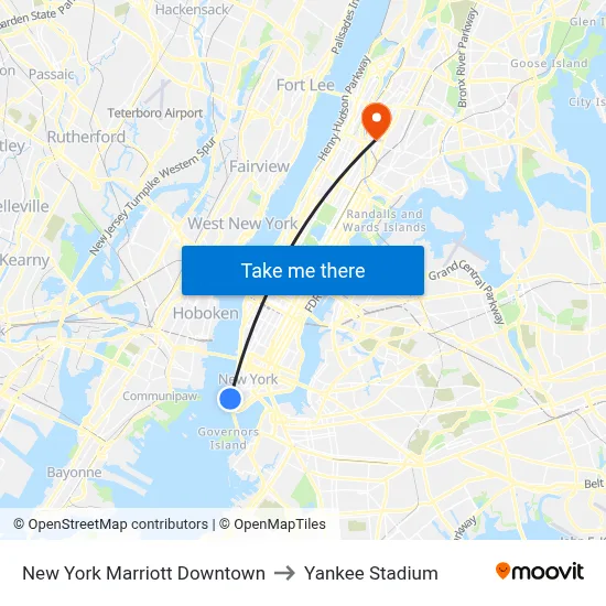 New York Marriott Downtown to Yankee Stadium map