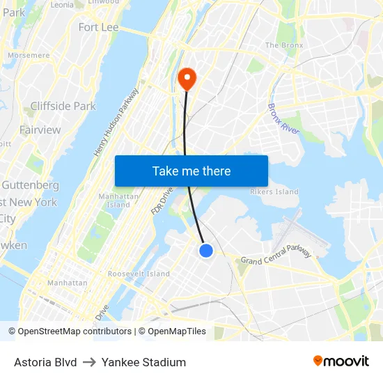 Astoria Blvd to Yankee Stadium map