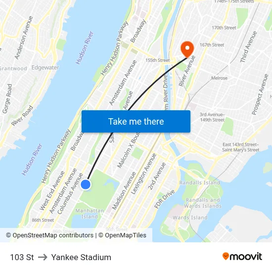 103 St to Yankee Stadium map