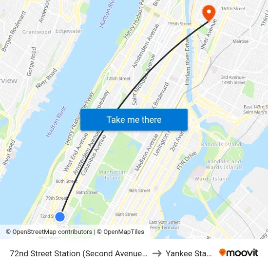 72nd Street Station (Second Avenue Subway) to Yankee Stadium map