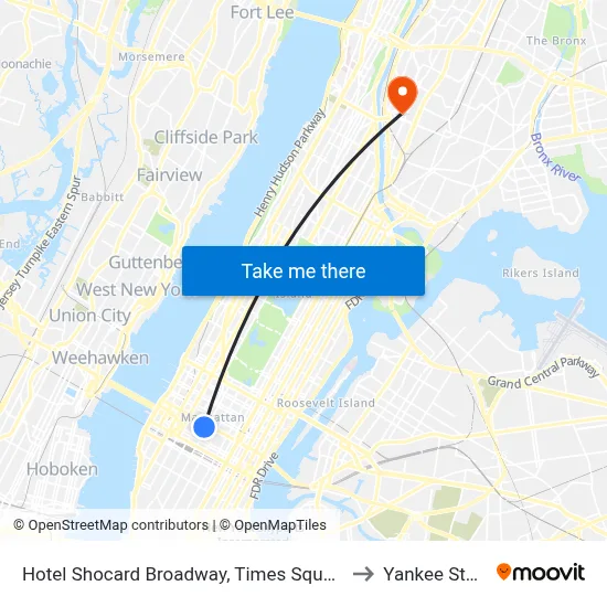 Hotel Shocard Broadway, Times Square, New York to Yankee Stadium map
